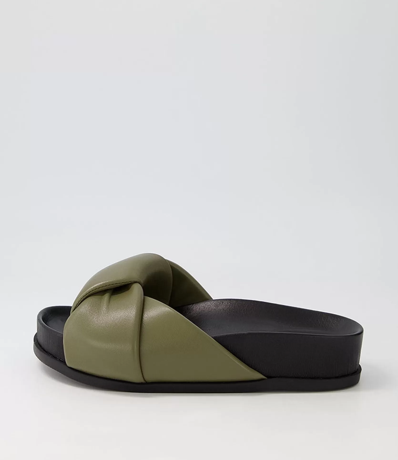 Cheap Carlia Khaki Black Leather Slides Women Flats