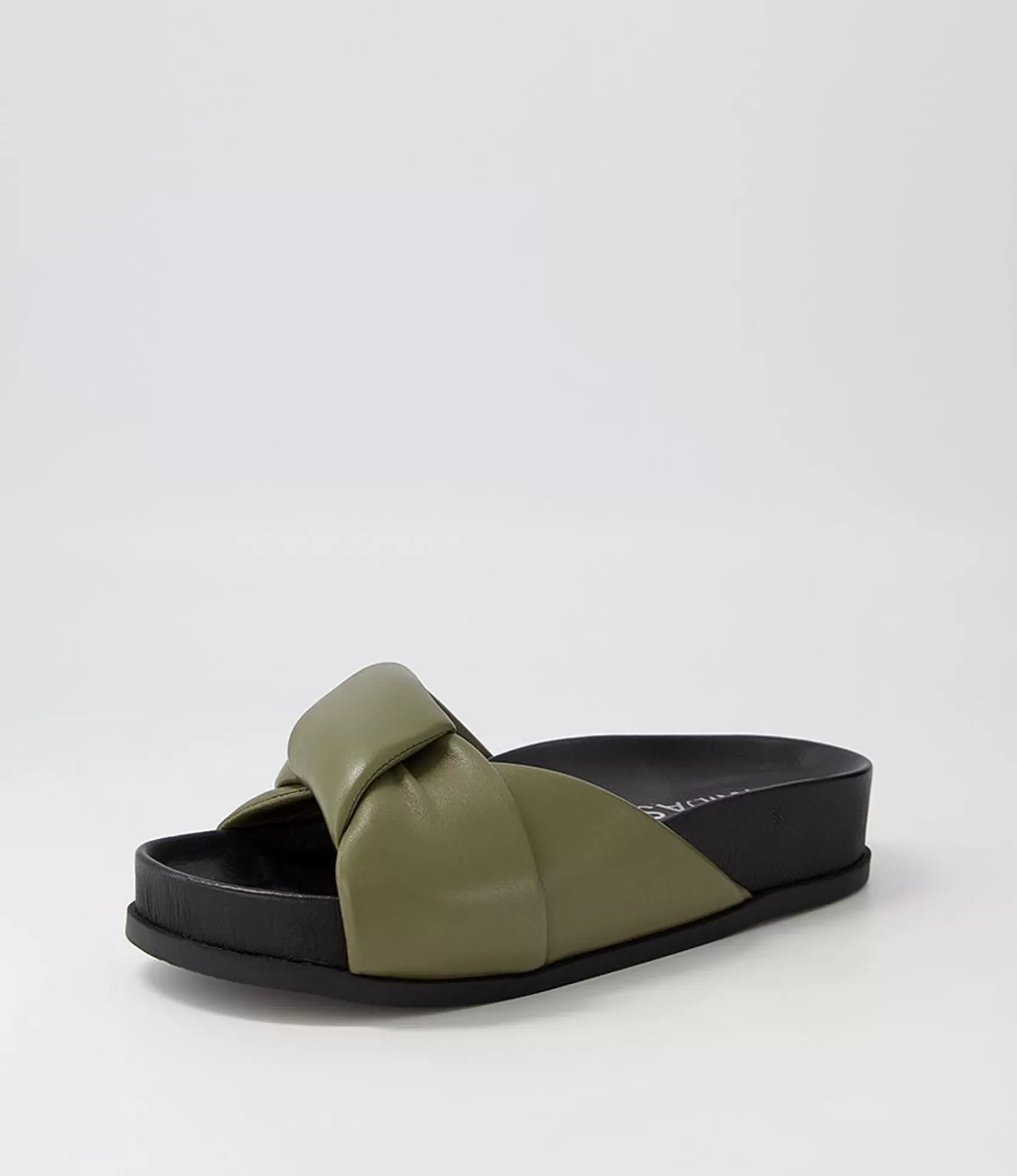 Cheap Carlia Khaki Black Leather Slides Women Flats