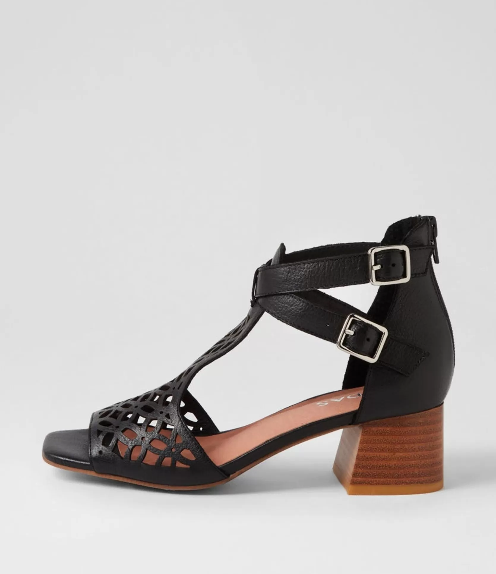 Cheap Fyllis Black Natural Heel Leather Sandals Women Heels
