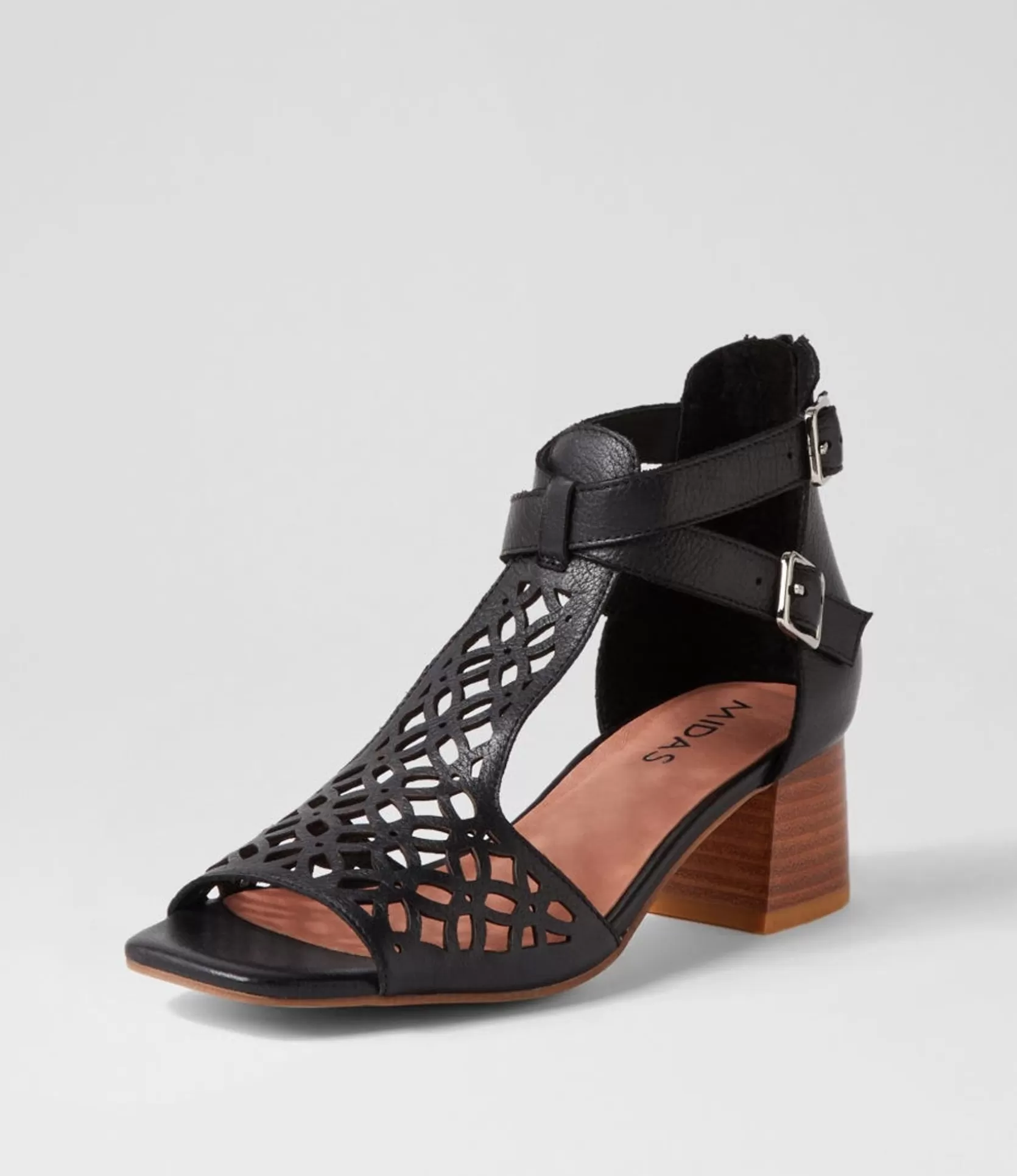 Cheap Fyllis Black Natural Heel Leather Sandals Women Heels