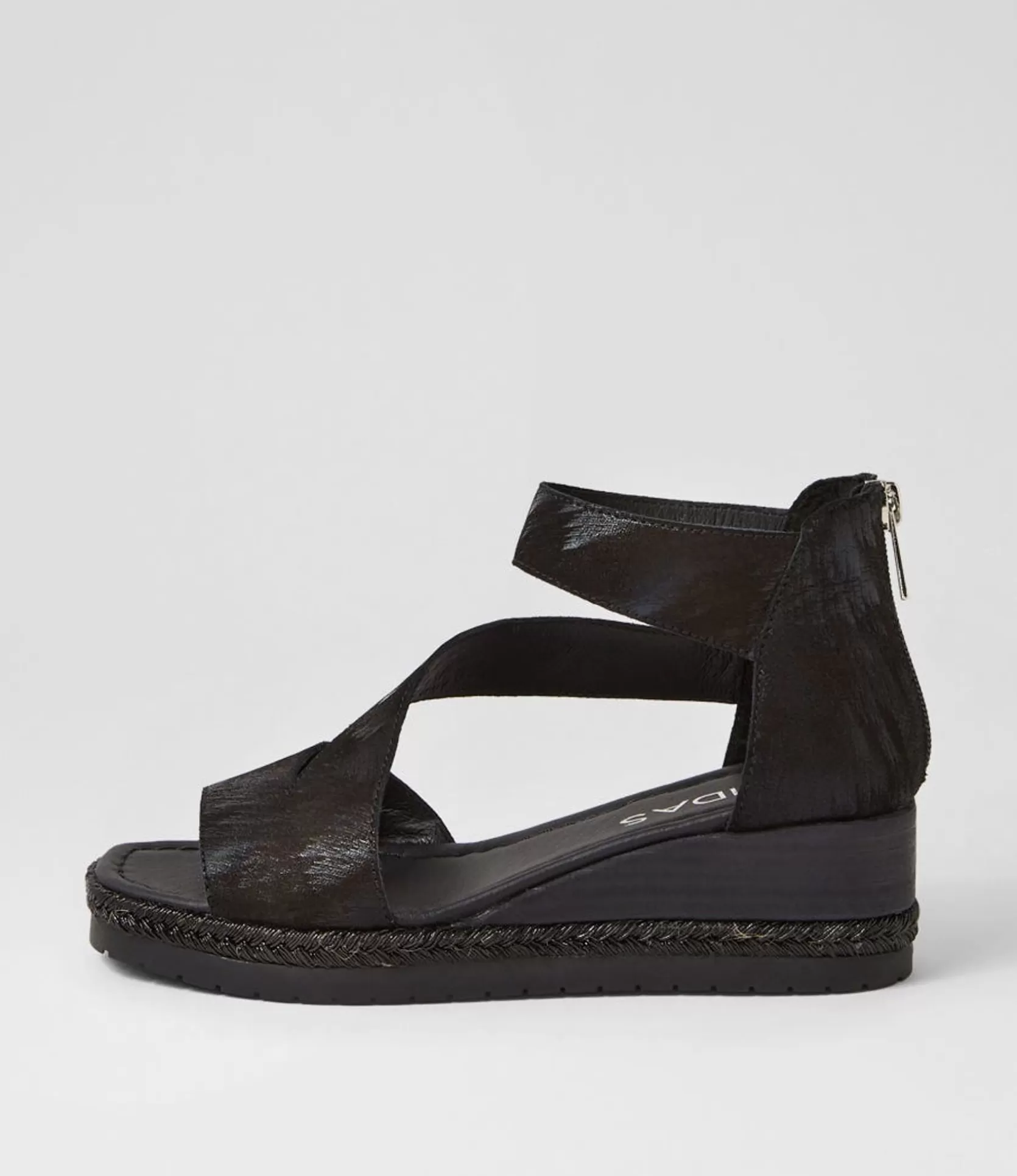 Clearance Iddy Black Metallic Scratch Leather Sandals Women Wedges