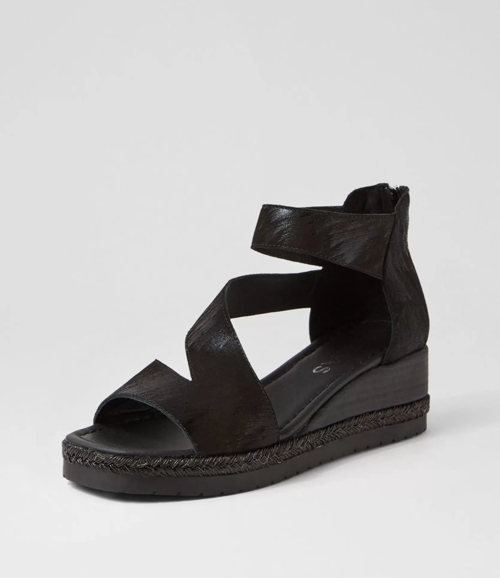 Clearance Iddy Black Metallic Scratch Leather Sandals Women Wedges
