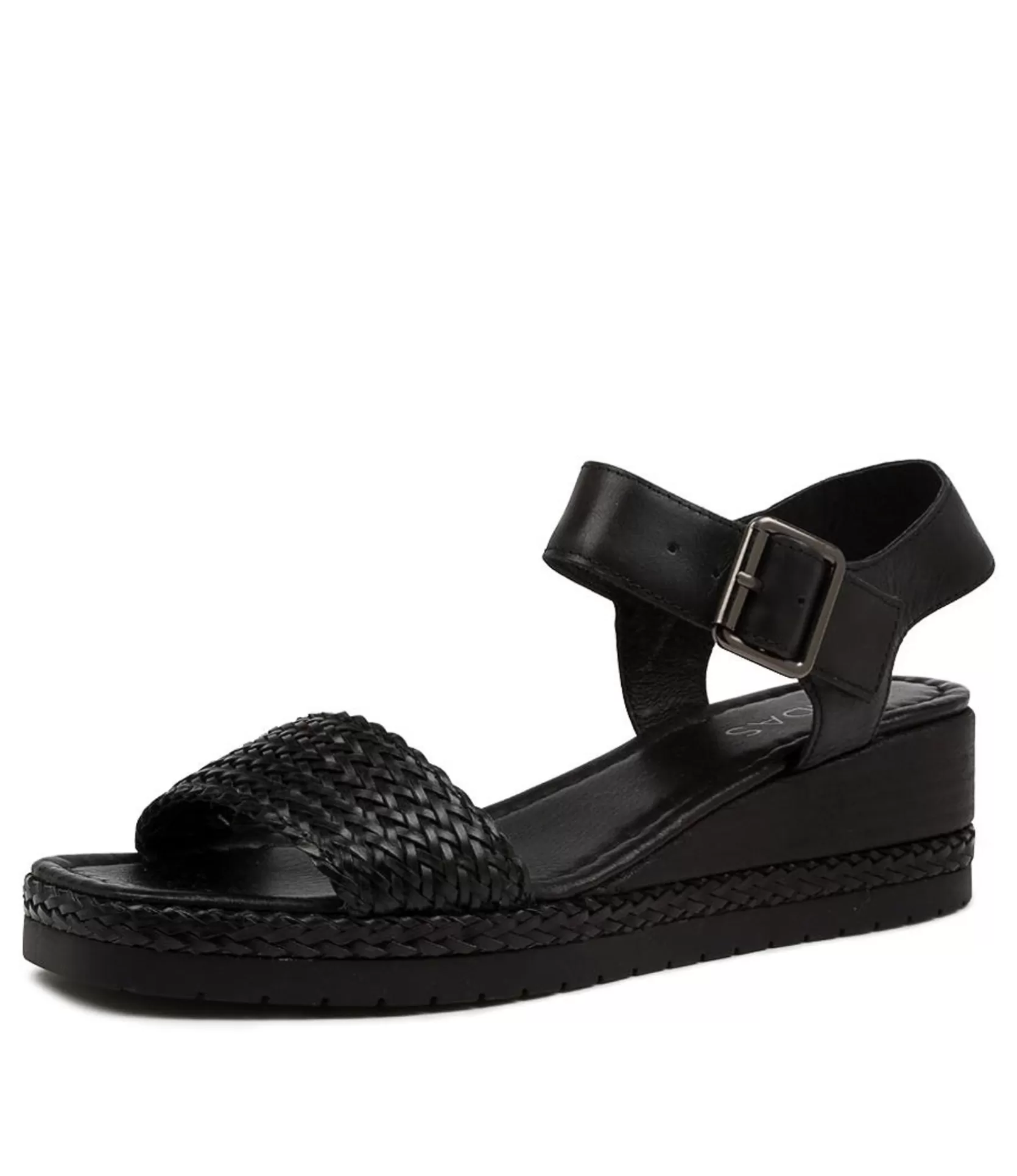 Clearance Imara Black Weave-Leather Women Wedges