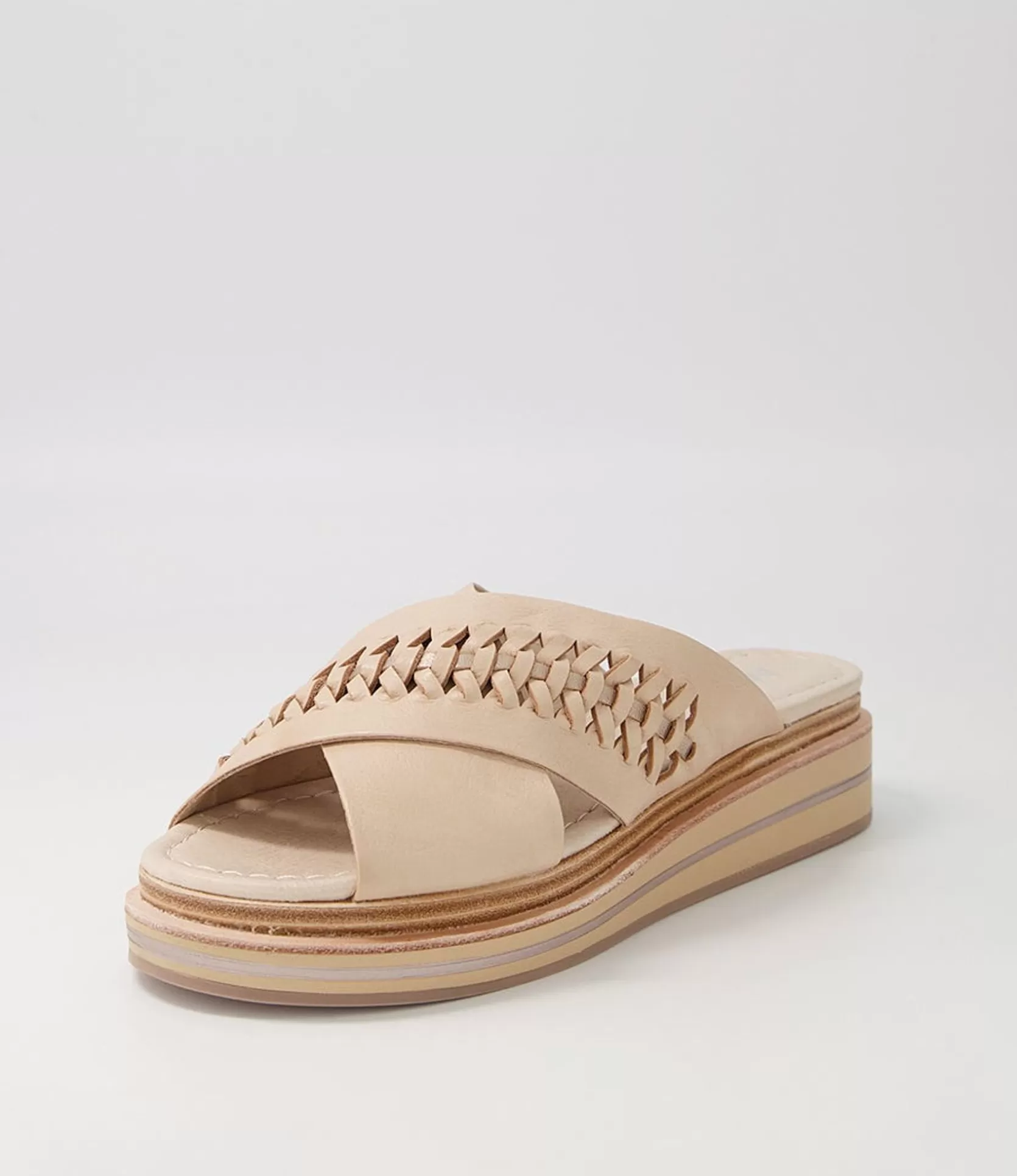 New Raelan Camel Champagne Leather Slides Women Sandals